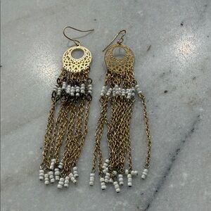 Elegant Gold and White Beaded Chandelier Earrings